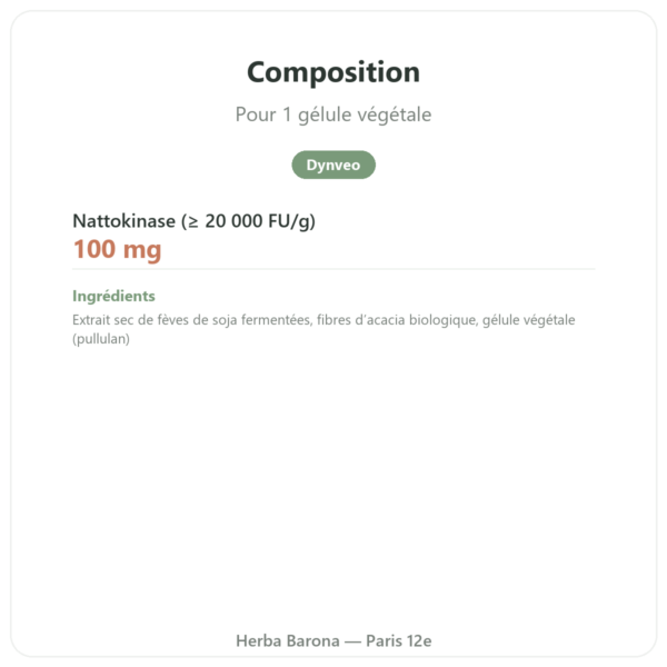 Nattokinase Dynveo 100 mg 60 Gél. composition valeurs nutritionnelles Paris Herba Barona
