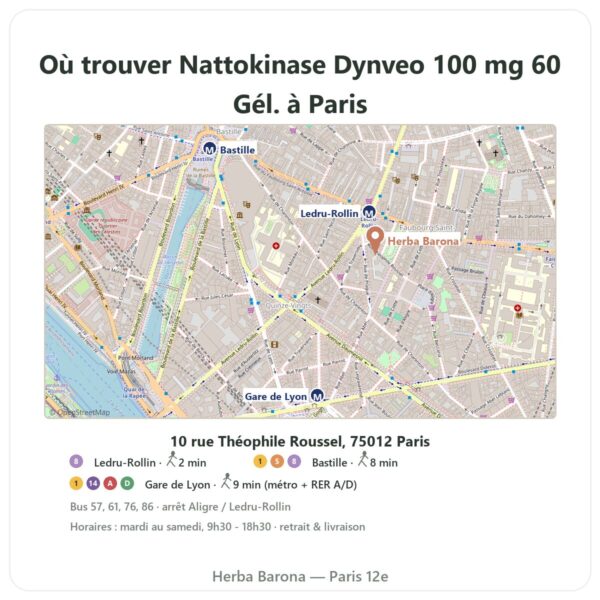 Ou trouver Nattokinase Dynveo 100 mg 60 Gél. a Paris - plan boutique Herba Barona Paris 12e