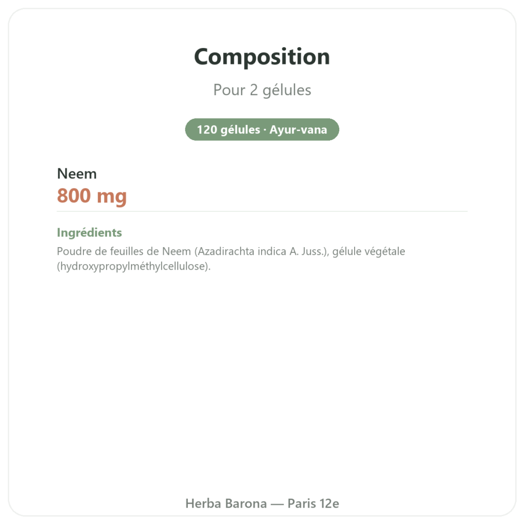Neem – Ayur-vana – 120 gélules composition valeurs nutritionnelles Paris Herba Barona