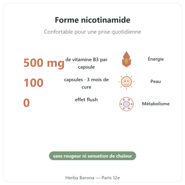 Niacinamide B3 – 100 Caps. Now Foods bienfaits et chiffres Paris Herba Barona