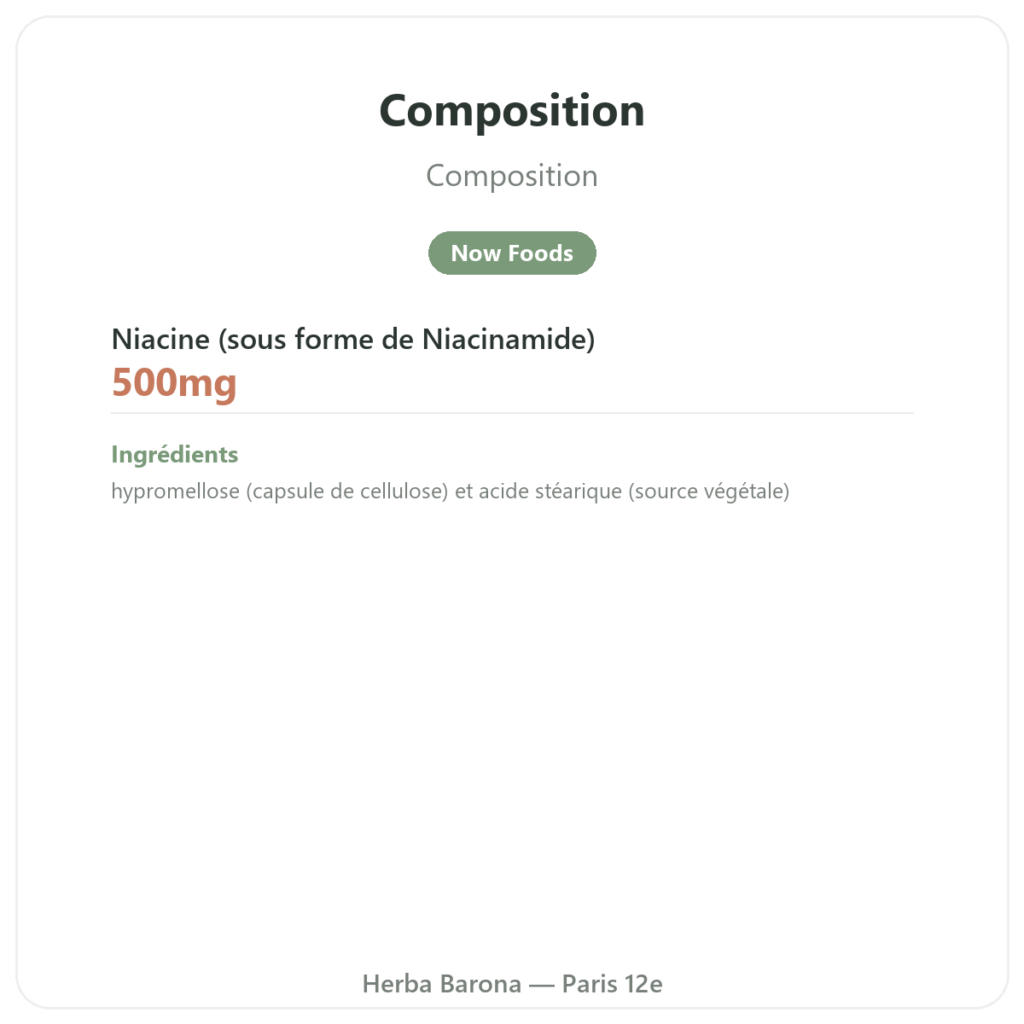 Niacinamide B3 – 100 Caps. Now Foods composition valeurs nutritionnelles Paris Herba Barona