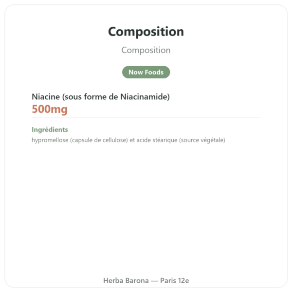 Niacinamide B3 – 100 Caps. Now Foods composition valeurs nutritionnelles Paris Herba Barona