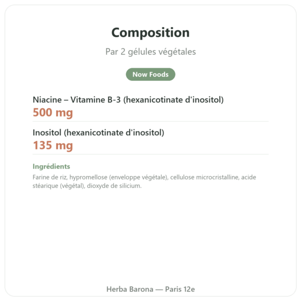 Niacine B3 Flush Free – sans rougeur – 90 veg Caps. Now Foods composition valeurs nutritionnelles Paris Herba Barona