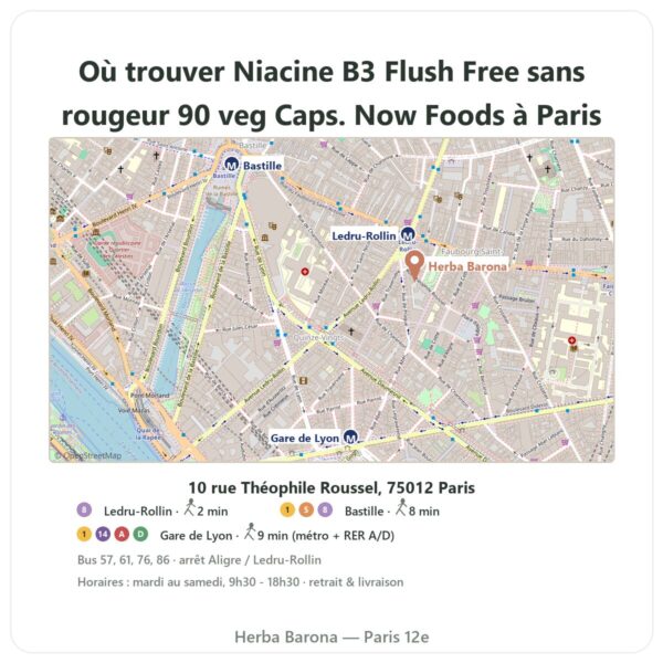 Ou trouver Niacine B3 Flush Free sans rougeur 90 veg Caps. Now Foods a Paris - plan boutique Herba Barona Paris 12e