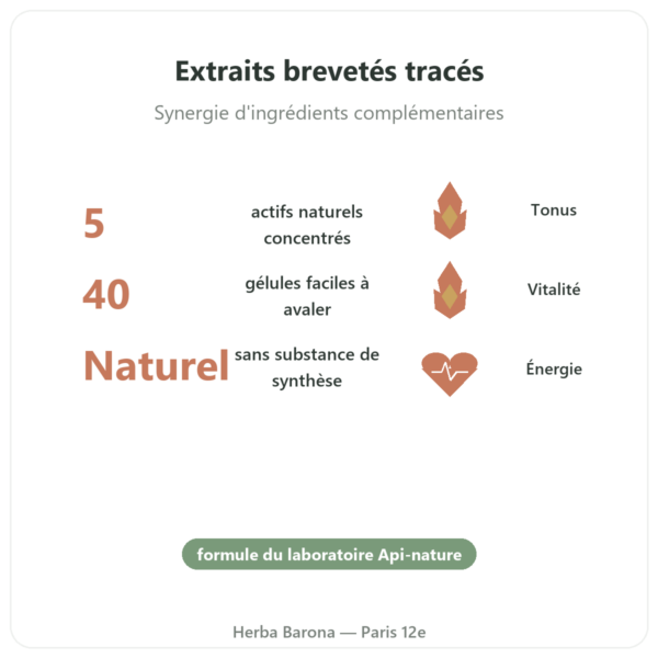 Nivel Vigueur – 40 gélules – Api-nature bienfaits et chiffres Paris Herba Barona