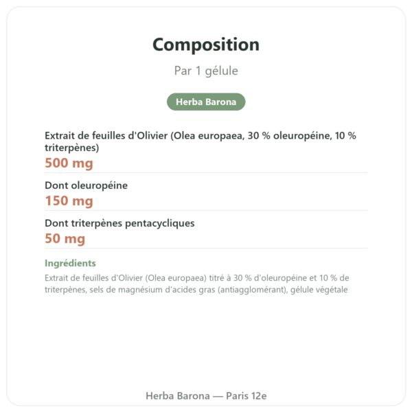OLIFORCE-30 – Extrait feuilles d'Olivier à 30% oleuropeine 10% Triterpenes composition valeurs nutritionnelles Paris Herba Barona