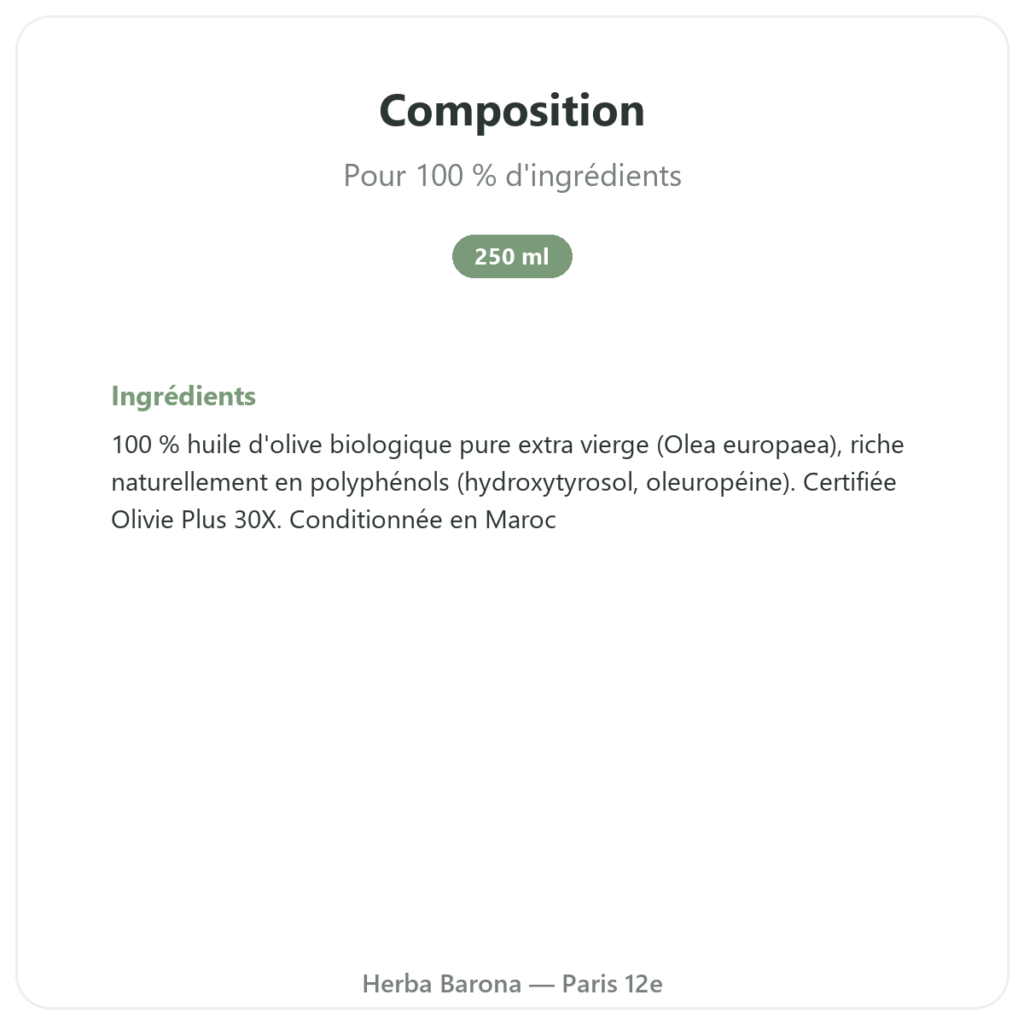 Olivie Plus 30x huile pur verre de 250 ml – flacon verre composition valeurs nutritionnelles Paris Herba Barona