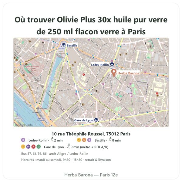 Ou trouver Olivie Plus 30x huile pur verre de 250 ml flacon verre a Paris - plan boutique Herba Barona Paris 12e