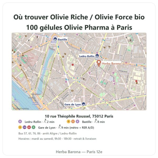 Ou trouver Olivie Riche / Olivie Force bio 100 gélules Olivie Pharma a Paris - plan boutique Herba Barona Paris 12e