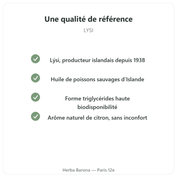 Oméga-3 liquide LYSI Citron Islande 240ml qualite Paris Herba Barona
