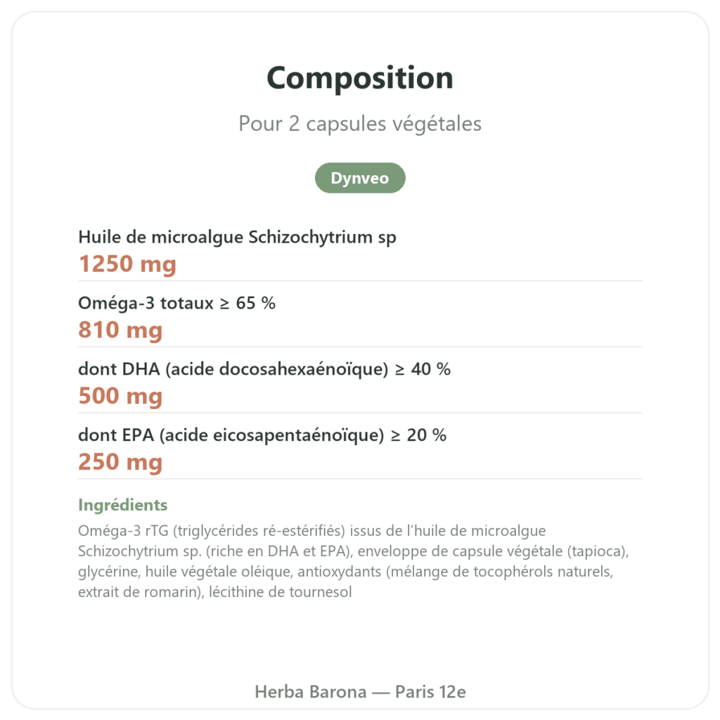 Omega 3 végétal Microalgue Dynveo 60 Gél. 500 mg composition valeurs nutritionnelles Paris Herba Barona