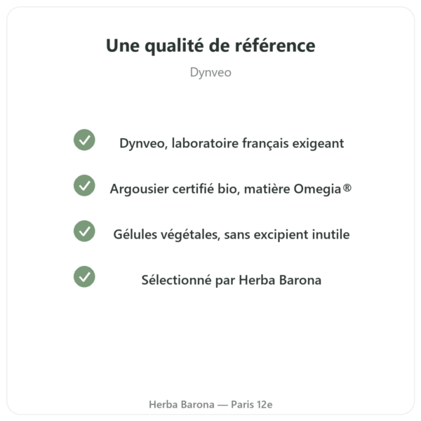 Oméga-7 : Huile d'argousier – Dynveo – 180 capsules qualite Paris Herba Barona