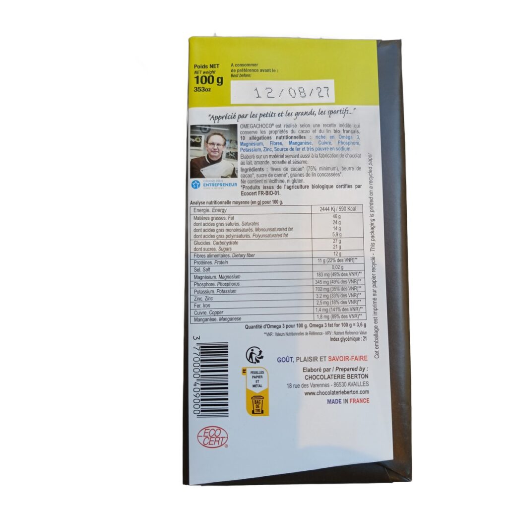 OmegaChoco® 1 tablette 100 g chocolat plaisir et Santé composition valeurs nutritionnelles Paris Herba Barona