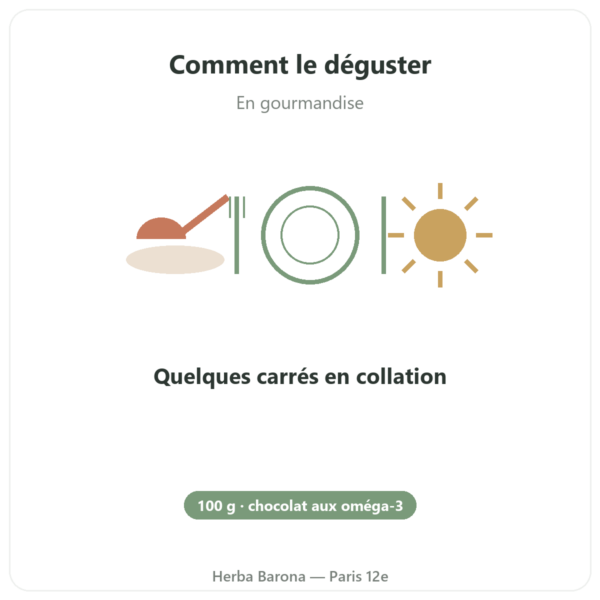 OmegaChoco® 1 tablette 100 g chocolat plaisir et Santé mode emploi conseil de prise Paris Herba Barona