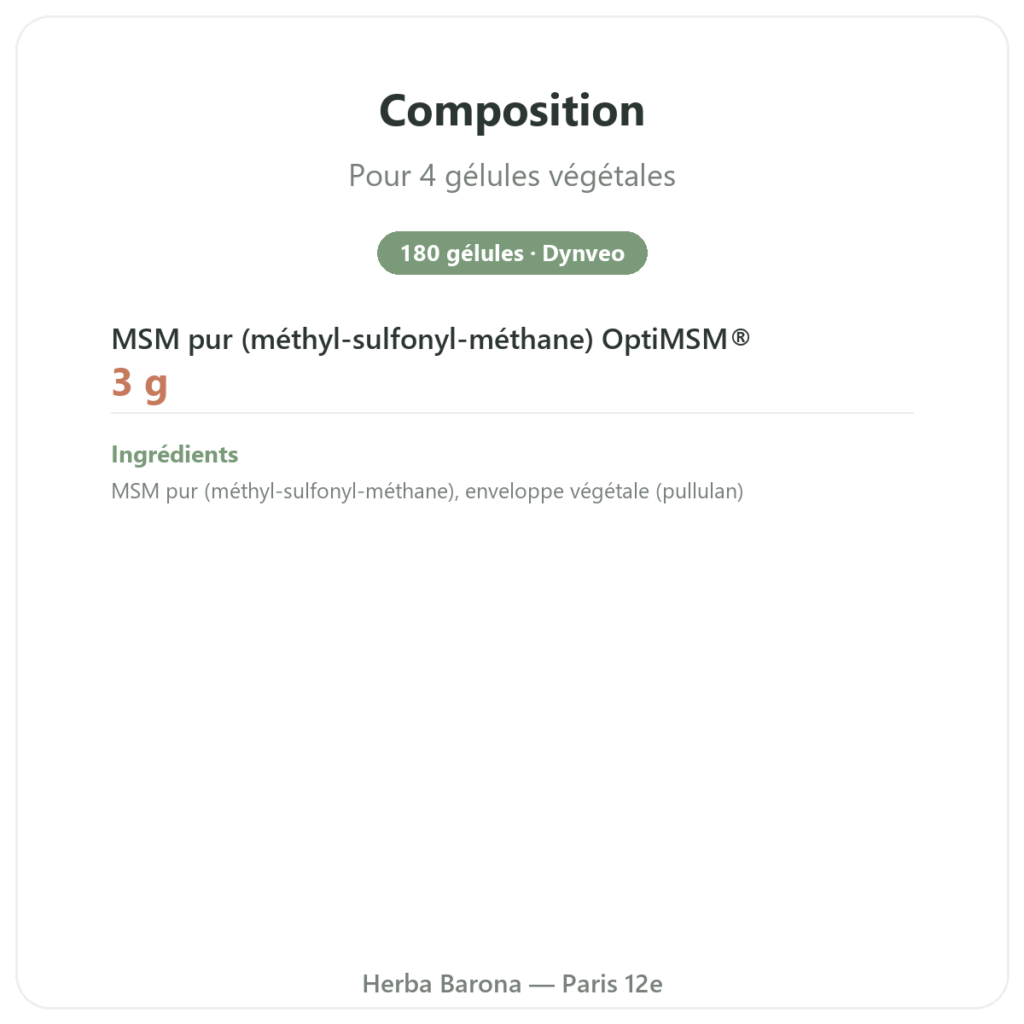 OptiMSM® – 750mg / 180 gélules – Dynveo composition valeurs nutritionnelles Paris Herba Barona