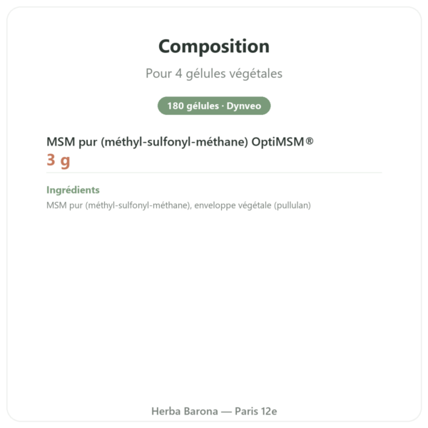OptiMSM® – 750mg / 180 gélules – Dynveo composition valeurs nutritionnelles Paris Herba Barona