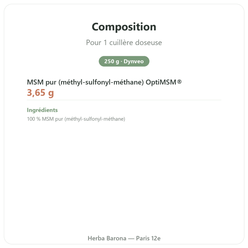 OPTIMSM en poudre pure 250 g – Dynveo composition valeurs nutritionnelles Paris Herba Barona