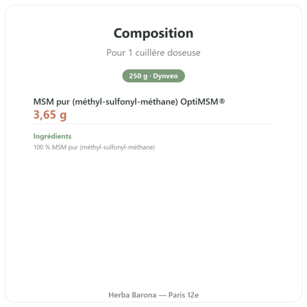 OPTIMSM en poudre pure 250 g – Dynveo composition valeurs nutritionnelles Paris Herba Barona