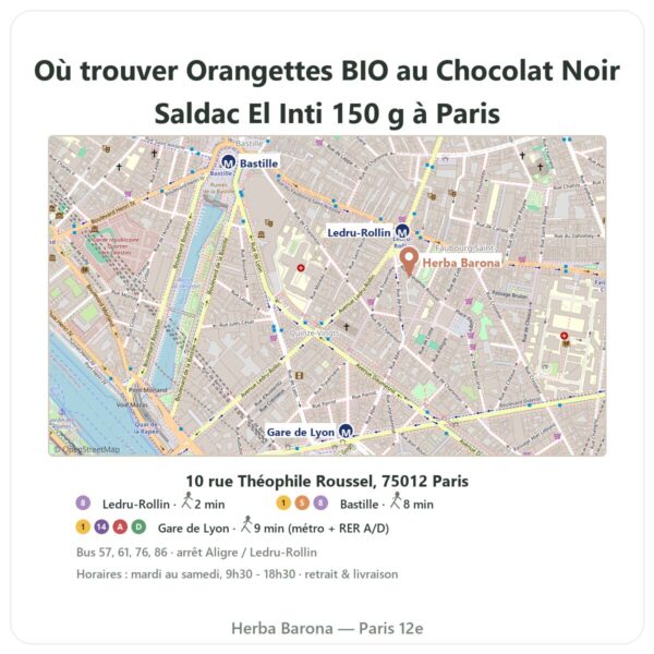 Ou trouver Orangettes BIO au Chocolat Noir Saldac El Inti 150 g a Paris - plan boutique Herba Barona Paris 12e