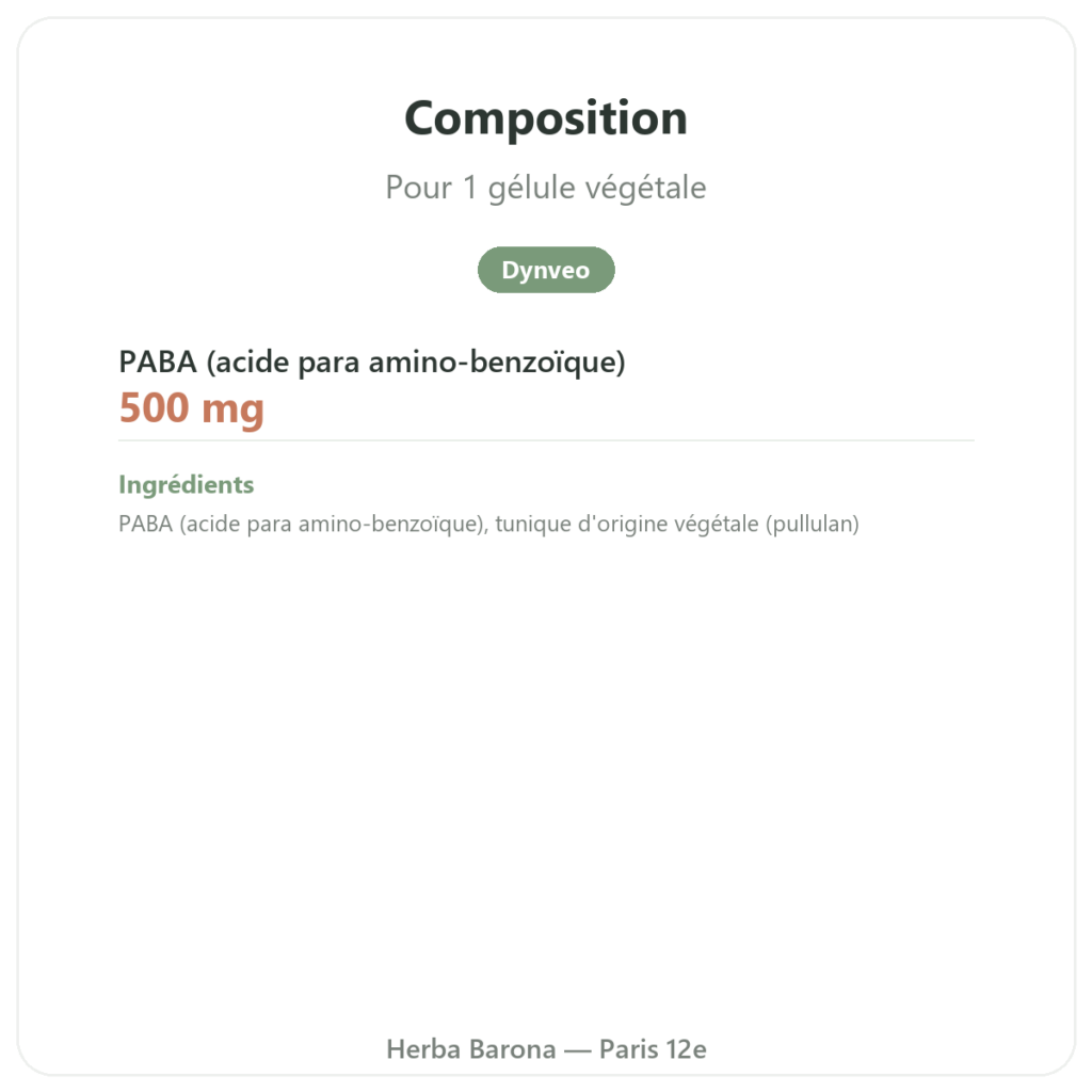 Paba 500 – 60 Gél. Dynveo composition valeurs nutritionnelles Paris Herba Barona