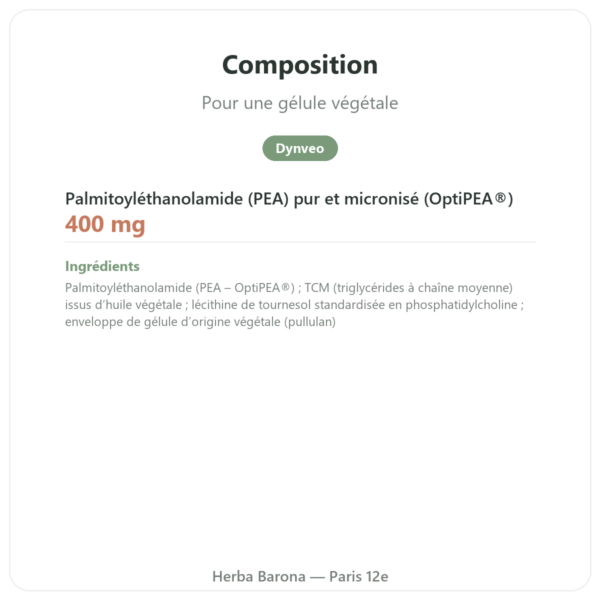 Palmitoyléthanolamide PEA Dynveo 90 Gél. 400 mg composition valeurs nutritionnelles Paris Herba Barona