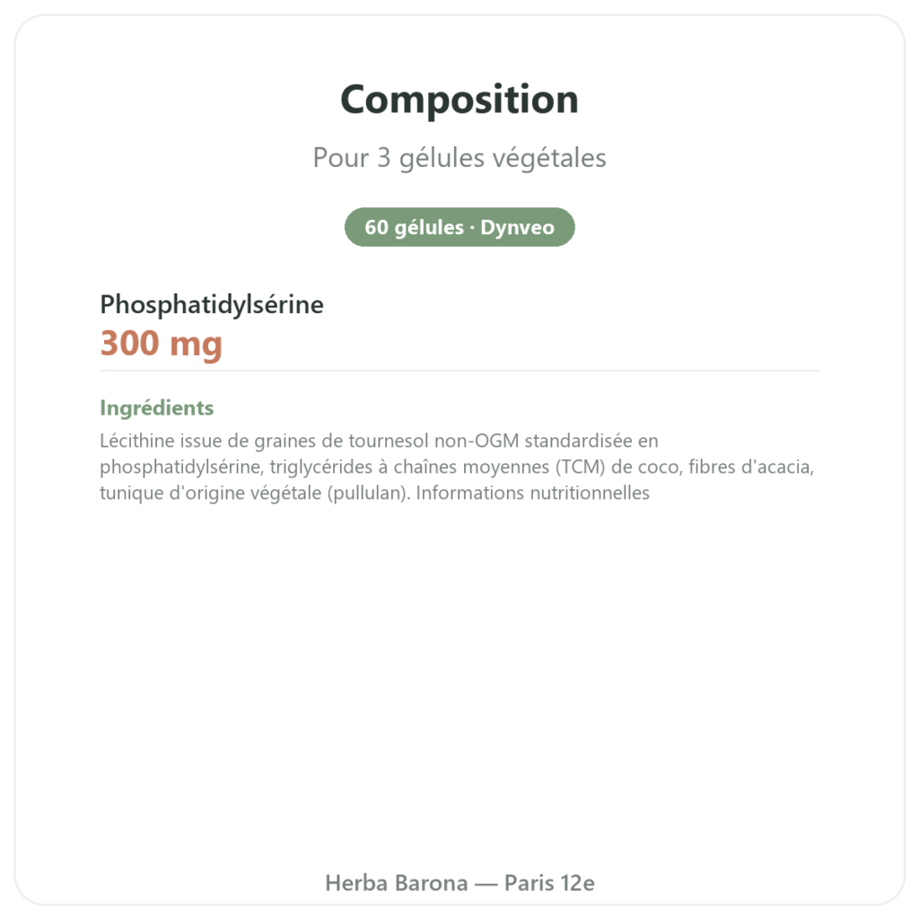 Phosphatidylsérine végétale – Dynveo – 100 mg – 60 gélules composition valeurs nutritionnelles Paris Herba Barona