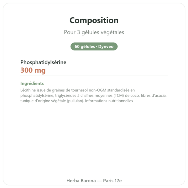 Phosphatidylsérine végétale – Dynveo – 100 mg – 60 gélules composition valeurs nutritionnelles Paris Herba Barona