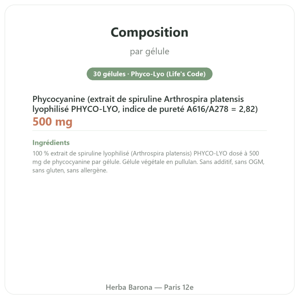 Phyco-500 30 gélules - phycocyanine lyophilisée immunité composition valeurs nutritionnelles Paris Herba Barona