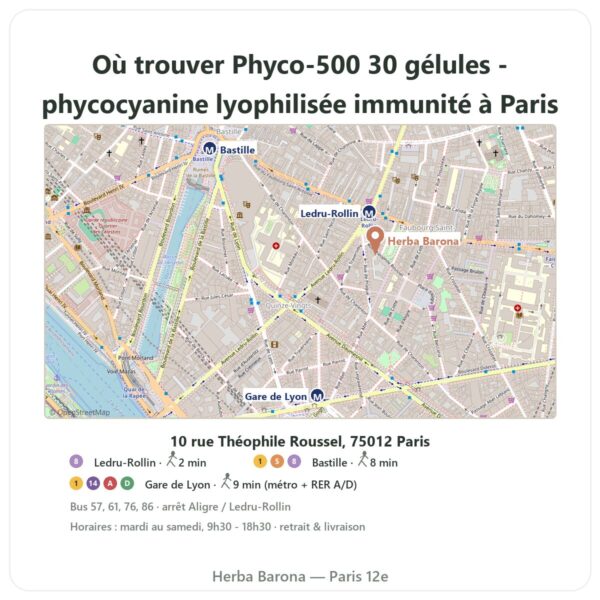 Ou trouver Phyco-500 30 gélules - phycocyanine lyophilisée immunité a Paris - plan boutique Herba Barona Paris 12e