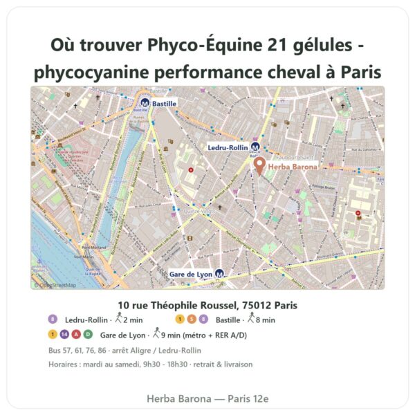Ou trouver Phyco-Équine 21 gélules - phycocyanine performance cheval a Paris - plan boutique Herba Barona Paris 12e