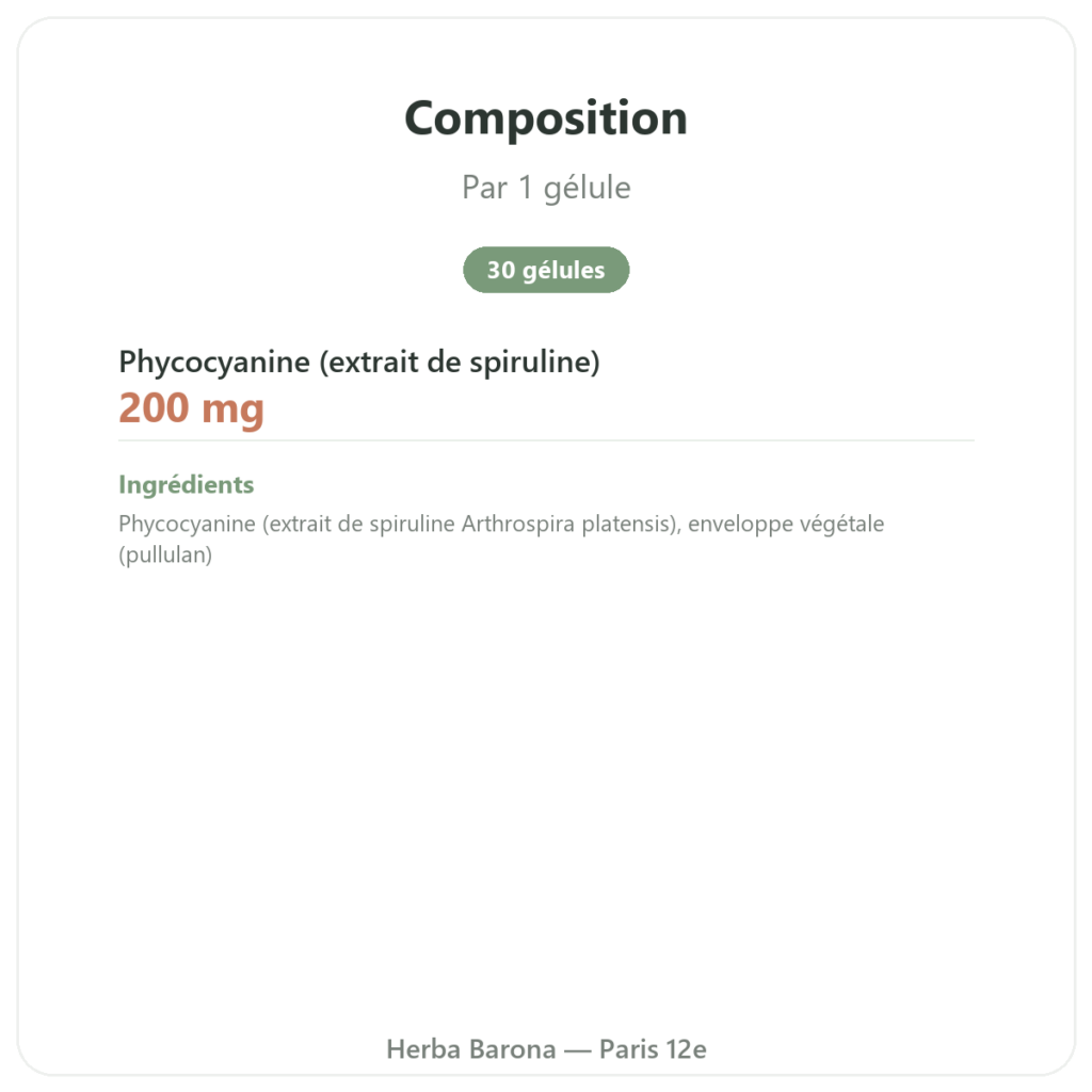 Phycocyanine 200mg – Life's code – 30 gélules composition valeurs nutritionnelles Paris Herba Barona