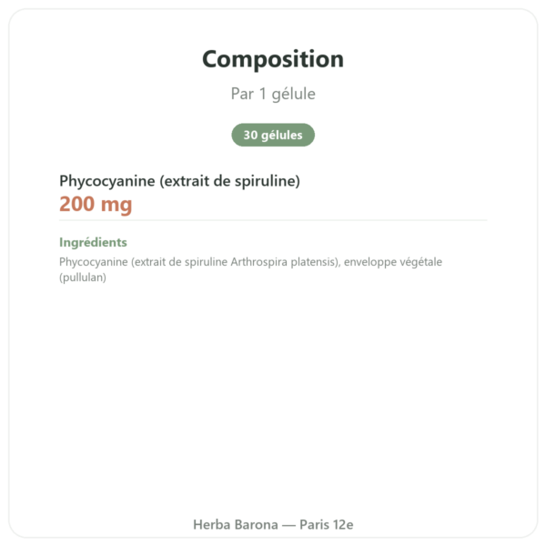 Phycocyanine 200mg – Life's code – 30 gélules composition valeurs nutritionnelles Paris Herba Barona