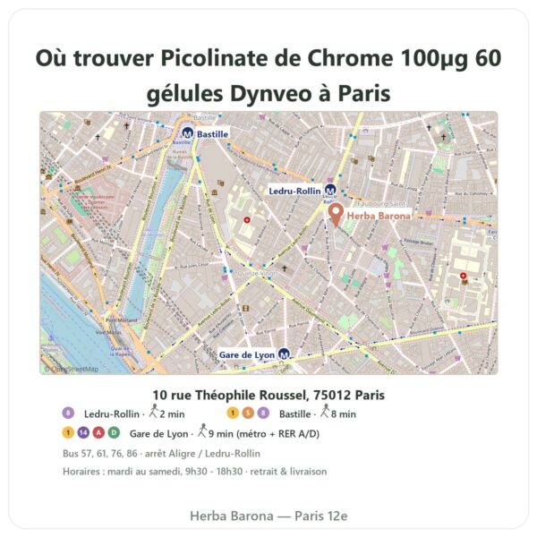 Ou trouver Picolinate de Chrome 100µg 60 gélules Dynveo a Paris - plan boutique Herba Barona Paris 12e