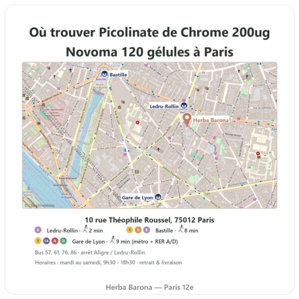 Ou trouver Picolinate de Chrome 200ug Novoma 120 gélules a Paris - plan boutique Herba Barona Paris 12e