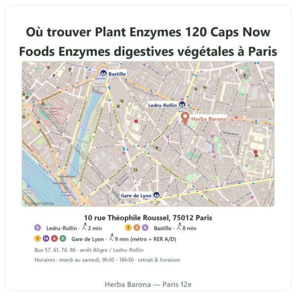 Ou trouver Plant Enzymes 120 Caps Now Foods Enzymes digestives végétales a Paris - plan boutique Herba Barona Paris 12e