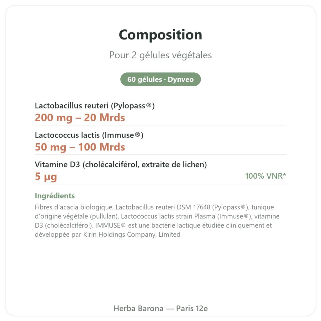 Postbio 3 Dynveo 60 gélules composition valeurs nutritionnelles Paris Herba Barona