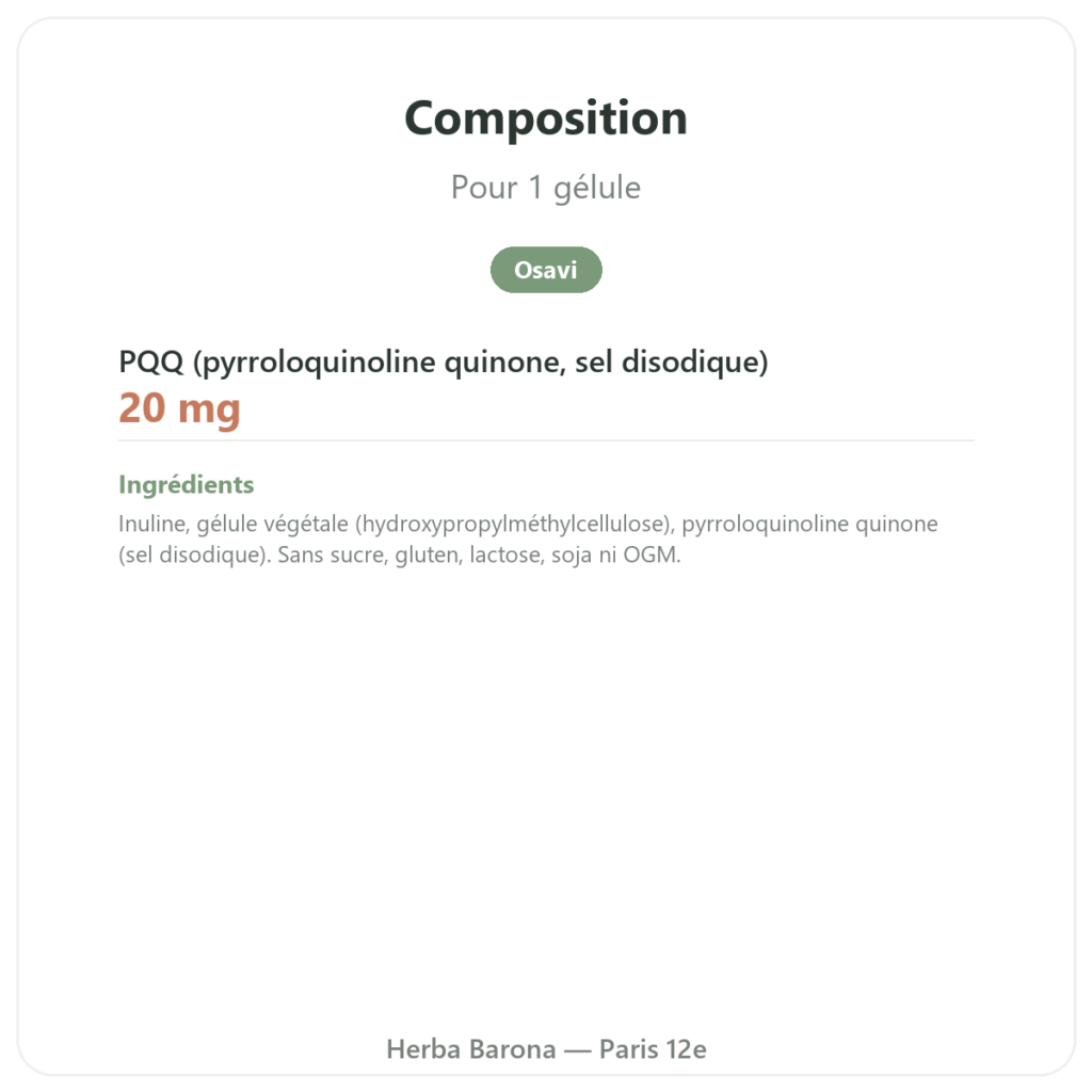 PQQ 20 mg – Osavi – Pyrroloquinoline Quinone composition valeurs nutritionnelles Paris Herba Barona
