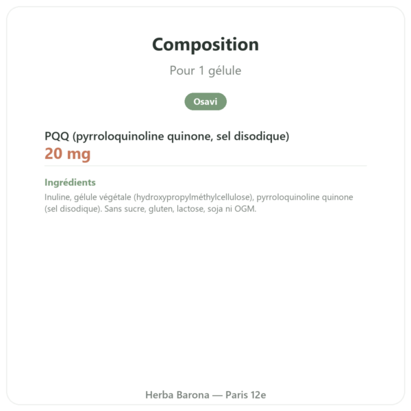 PQQ 20 mg – Osavi – Pyrroloquinoline Quinone composition valeurs nutritionnelles Paris Herba Barona