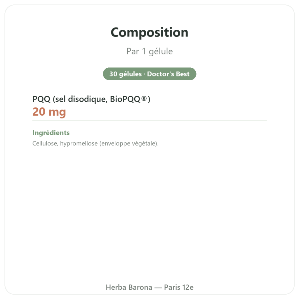 PQQ BioPQQ 20 mg – Doctor's Best – 30 gélules composition valeurs nutritionnelles Paris Herba Barona