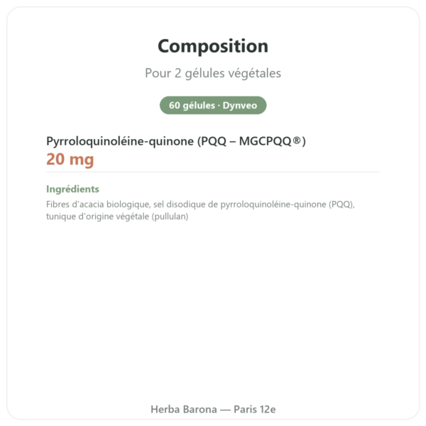 PQQ : Pyrroloquinoléine quinone – Dynveo – 60 gélules composition valeurs nutritionnelles Paris Herba Barona