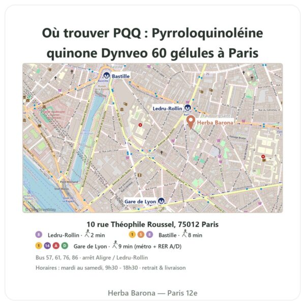 Ou trouver PQQ : Pyrroloquinoléine quinone Dynveo 60 gélules a Paris - plan boutique Herba Barona Paris 12e