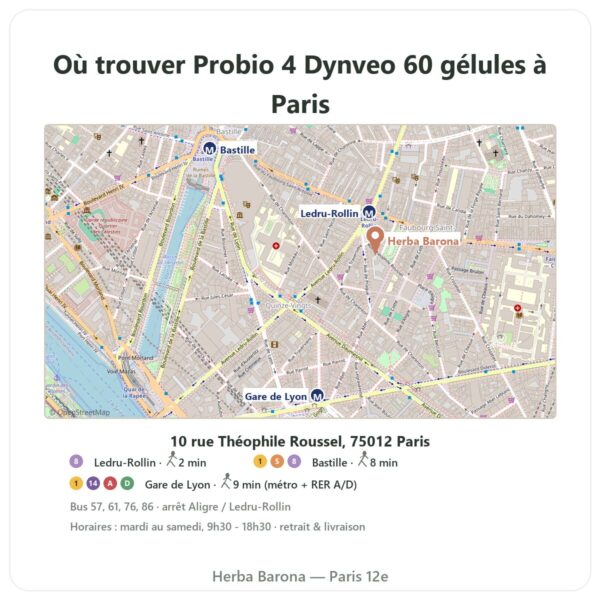 Ou trouver Probio 4 Dynveo 60 gélules a Paris - plan boutique Herba Barona Paris 12e