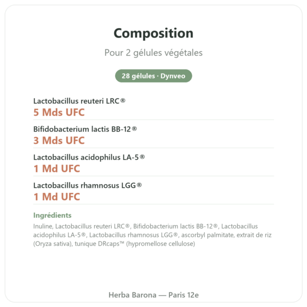 Probio4 – Dynveo – 28 gélules composition valeurs nutritionnelles Paris Herba Barona