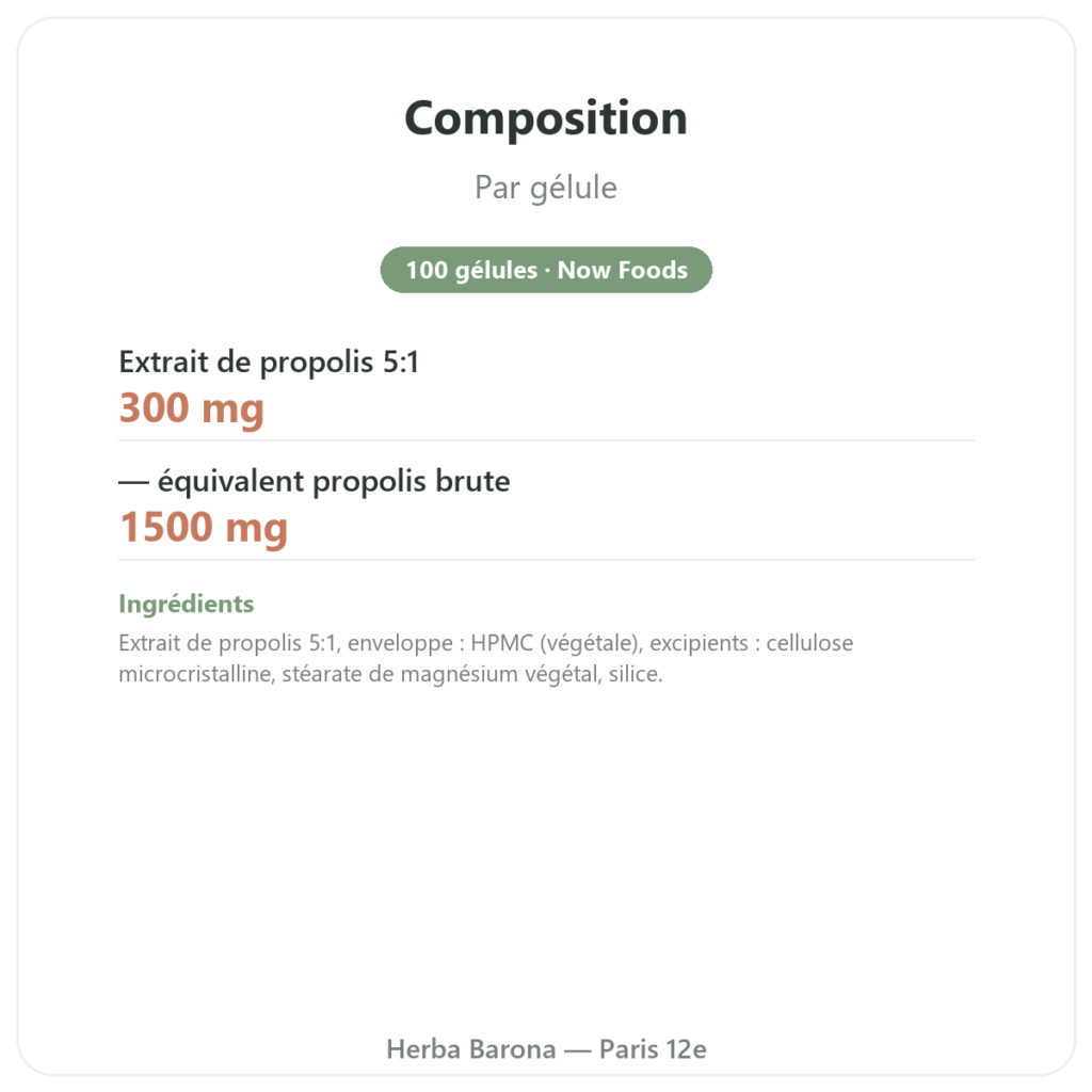 Propolis 1500mg NOW Foods 100 gélules composition valeurs nutritionnelles Paris Herba Barona