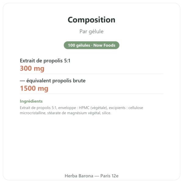 Propolis 1500mg NOW Foods 100 gélules composition valeurs nutritionnelles Paris Herba Barona