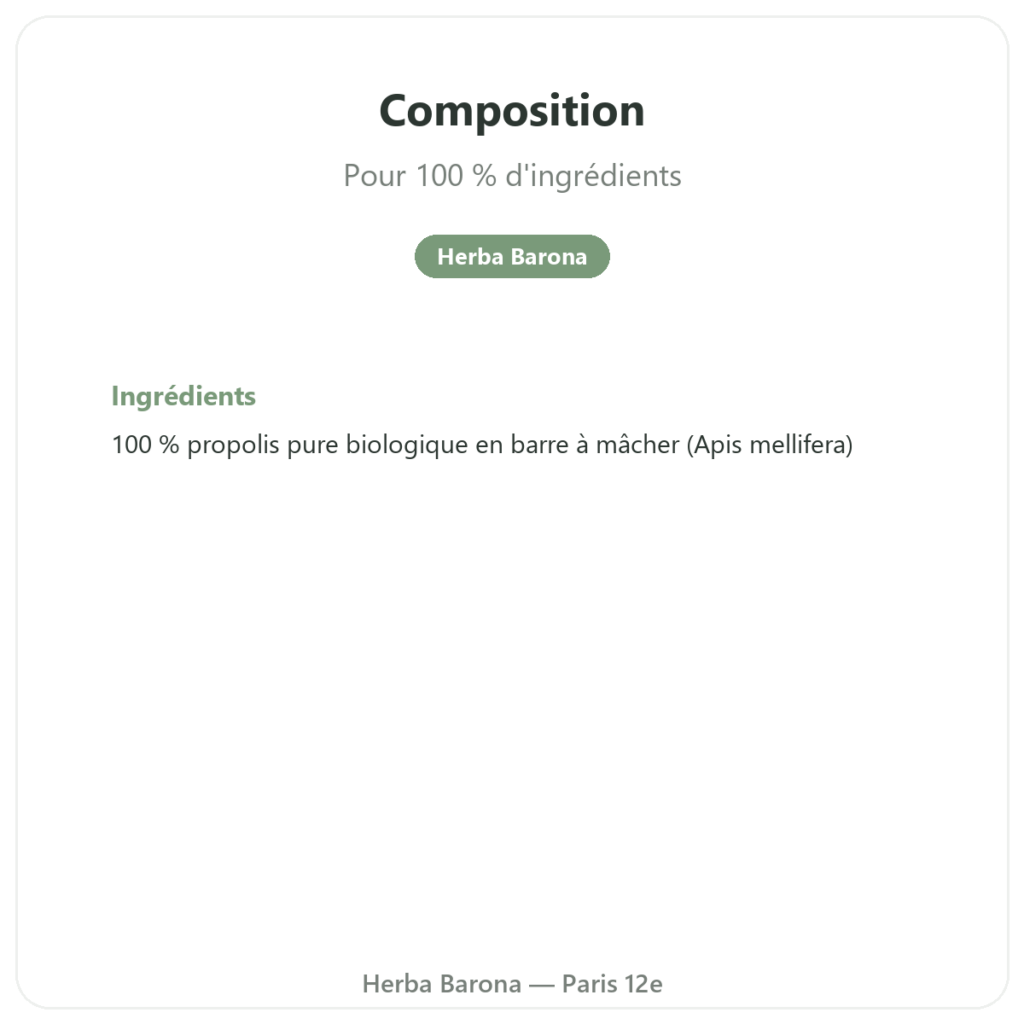 Propolis pure à macher bio en barre – Propolia composition valeurs nutritionnelles Paris Herba Barona