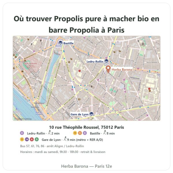 Ou trouver Propolis pure à macher bio en barre Propolia a Paris - plan boutique Herba Barona Paris 12e