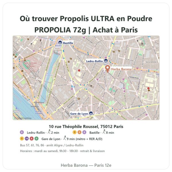 Ou trouver Propolis ULTRA en Poudre PROPOLIA 72g | Achat a Paris - plan boutique Herba Barona Paris 12e