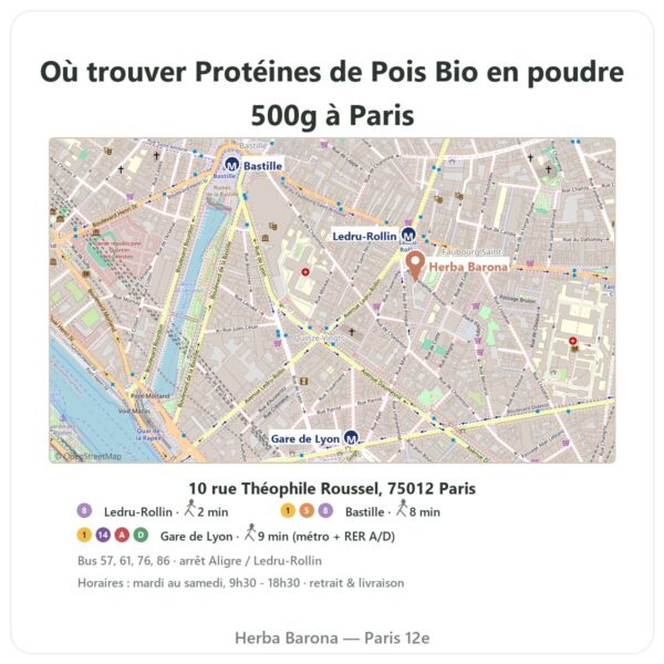 Ou trouver Protéines de Pois Bio en poudre 500g a Paris - plan boutique Herba Barona Paris 12e