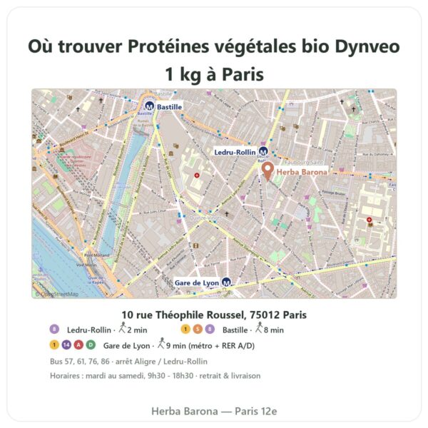Ou trouver Protéines végétales bio Dynveo 1 kg a Paris - plan boutique Herba Barona Paris 12e